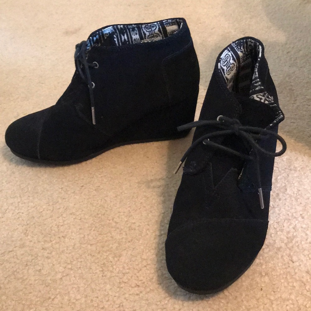 TOMS Black Suede Wedge Booties